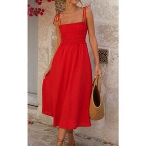 ZARA Red Smocked Midi Dress M Tie Strap Flowy Summer Vacation Cottagecore